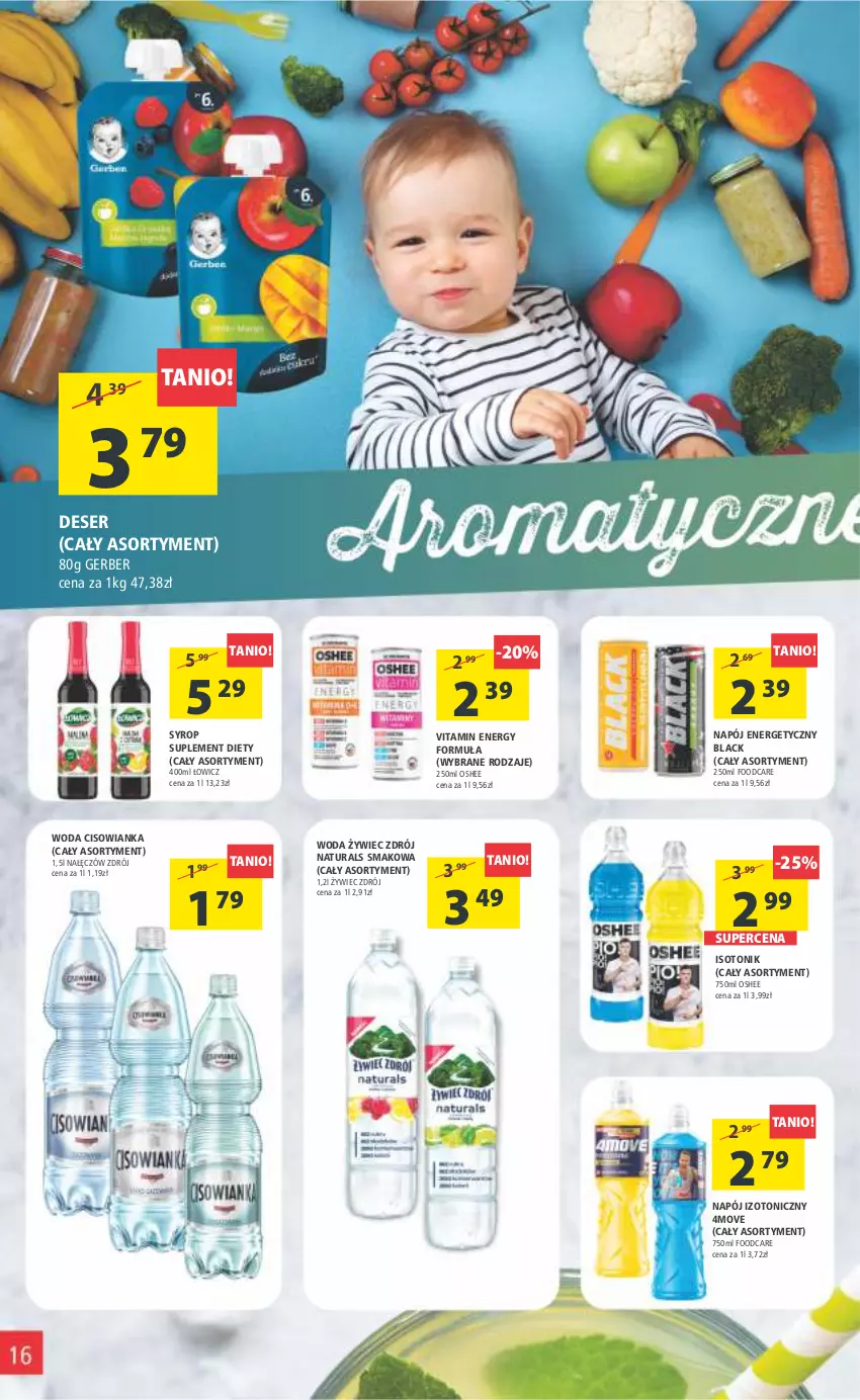 Gazetka promocyjna Arhelan - Gazetka - ważna 18.11 do 27.11.2022 - strona 16 - produkty: Cisowianka, Deser, Gerber, Lack, Napój, Napój energetyczny, Napój izotoniczny, Oshee, Ser, Suplement diety, Syrop, Tonik, Woda