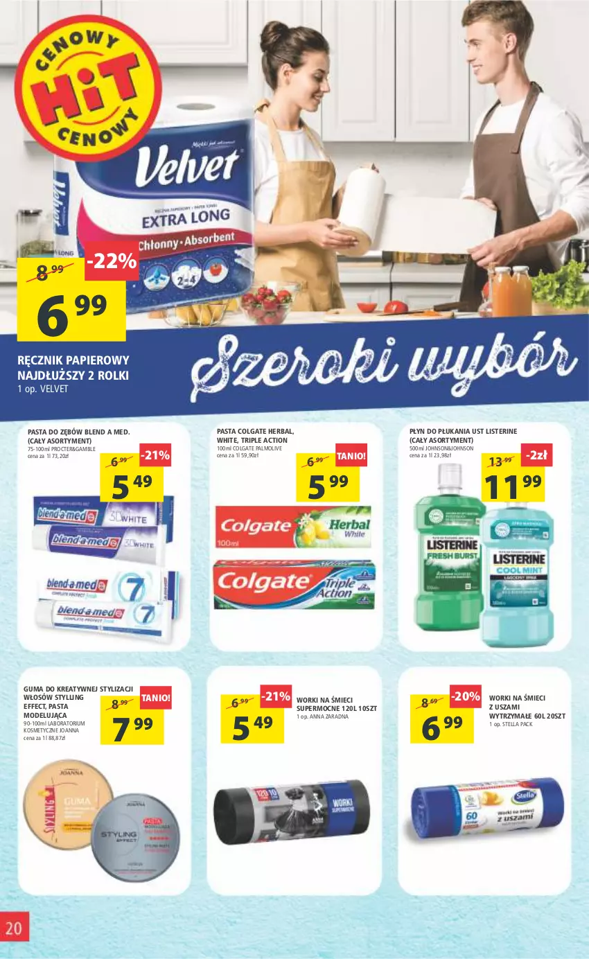 Gazetka promocyjna Arhelan - Gazetka - ważna 18.11 do 27.11.2022 - strona 20 - produkty: Colgate, Joanna, LG, Listerine, Palmolive, Papier, Pasta do zębów, Płyn do płukania, Ręcznik, Rolki, Velvet, Worki na śmiec, Worki na śmieci