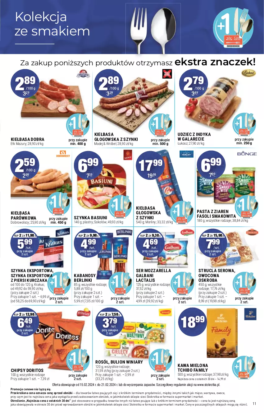 Gazetka promocyjna Stokrotka - Supermarket - ważna 15.02 do 21.02.2024 - strona 11 - produkty: Berlinki, Bulion, Chipsy, Fa, Gala, Galbani, Kabanos, Kawa, Kawa mielona, Kiełbasa, Kiełbasa głogowska, Kosz, Krakus, Kurczak, Lion, Mięso, Morliny, Mozzarella, Owoce, Por, Rosół, Ser, Smakowita, Sok, Sokołów, Sport, Strucla, Szynka, Tchibo, Tchibo Family, Udziec z indyka, Udziec z indyka w galarecie, Warzywa, Winiary