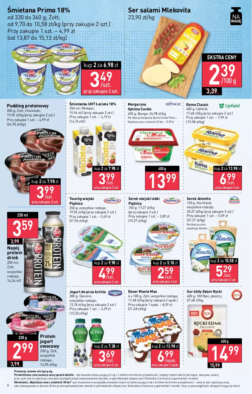 Gazetka promocyjna Stokrotka - Supermarket - ważna 15.02 do 21.02.2024 - strona 14 - produkty: Activia, Almette, Danone, Deser, Edam, Hochland, Jogurt, Jogurt owocowy, Margaryna, Mięso, Mleko, Mlekovita, Monte, Napój, Optima, Optima Cardio, Owoce, Piątnica, Pudding, Rama, Salami, Ser, Ser salami, Serek, Serek wiejski, Twaróg, Warzywa, Zott