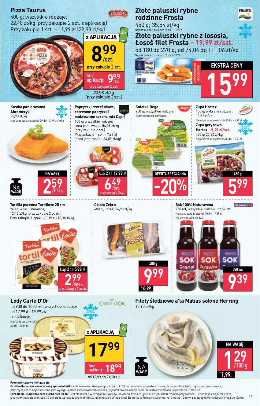 Gazetka promocyjna Stokrotka - Supermarket - ważna 15.02 do 21.02.2024 - strona 16 - produkty: Dega, Frosta, Hortex, Lazur, Lody, Mięso, Owoce, Paluszki rybne, Papryczki nadziewane, Pizza, Sałat, Sałatka, Ser, Sok, Sos, Tortilla, Warzywa, Zupa