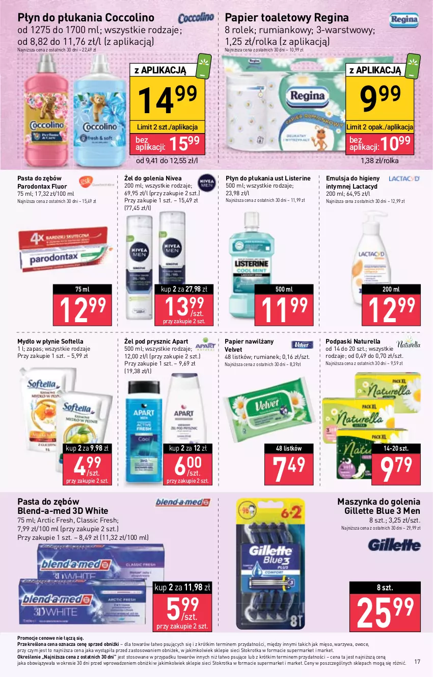 Gazetka promocyjna Stokrotka - Supermarket - ważna 15.02 do 21.02.2024 - strona 18 - produkty: Blend-a-Med, Coccolino, Emulsja, Gillette, Gin, Lactacyd, Listerine, Maszynka, Maszynka do golenia, Mięso, Mydło, Mydło w płynie, Naturell, Naturella, Nivea, Owoce, Papier, Papier toaletowy, Parodontax, Pasta do zębów, Płyn do płukania, Podpaski, Rum, Szynka, Velvet, Warzywa