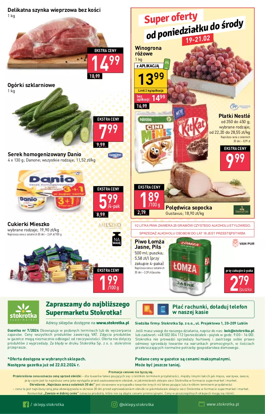 Gazetka promocyjna Stokrotka - Supermarket - ważna 15.02 do 21.02.2024 - strona 21 - produkty: Cukier, Cukierki, Danio, Danone, Dres, Gra, Mięso, Nestlé, O nas, Owoce, Piwa, Piwo, Polędwica, Ser, Serek, Serek homogenizowany, Szynka, Szynka wieprzowa, Telefon, Wagi, Warzywa, Wino, Winogrona