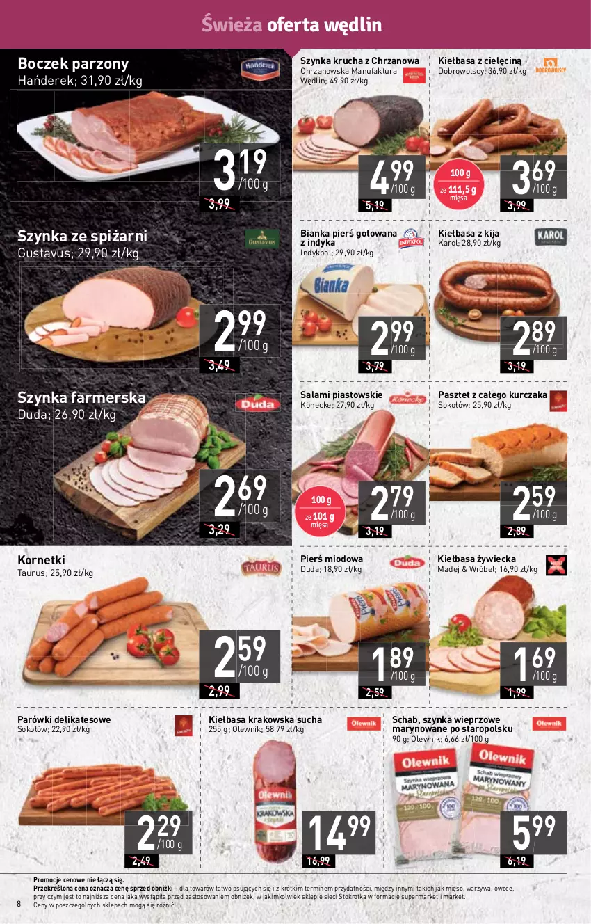 Gazetka promocyjna Stokrotka - Supermarket - ważna 15.02 do 21.02.2024 - strona 8 - produkty: Bianka, Boczek, Chrzan, Duda, Fa, Kiełbasa, Kiełbasa krakowska, Kurczak, Mięso, Olewnik, Owoce, Parówki, Pasztet, Piast, Salami, Sok, Sokołów, Szynka, Szynka farmerska, Warzywa