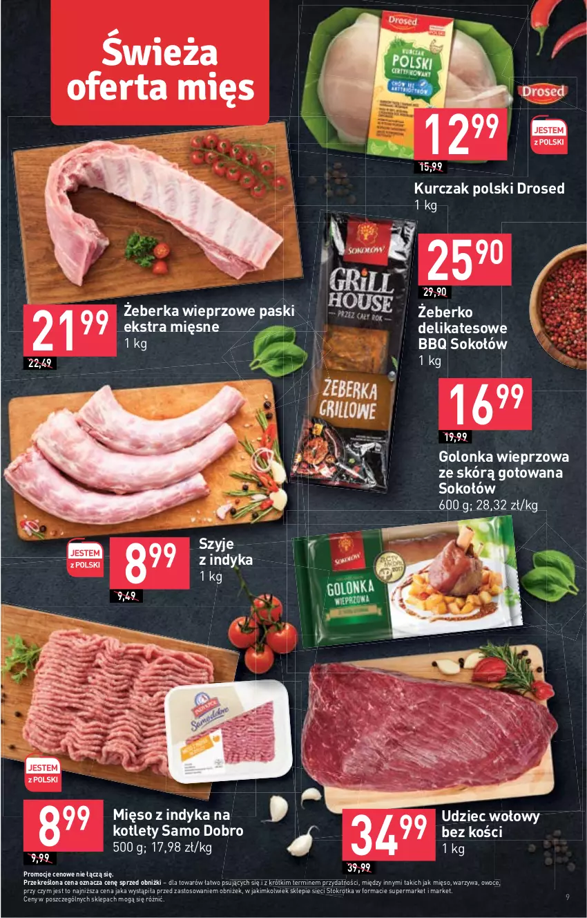 Gazetka promocyjna Stokrotka - Supermarket - ważna 15.02 do 21.02.2024 - strona 9 - produkty: Golonka wieprzowa, Kotlet, Kurczak, Mięso, Mięso z indyka, Owoce, Sok, Sokołów, Udziec wołowy, Warzywa