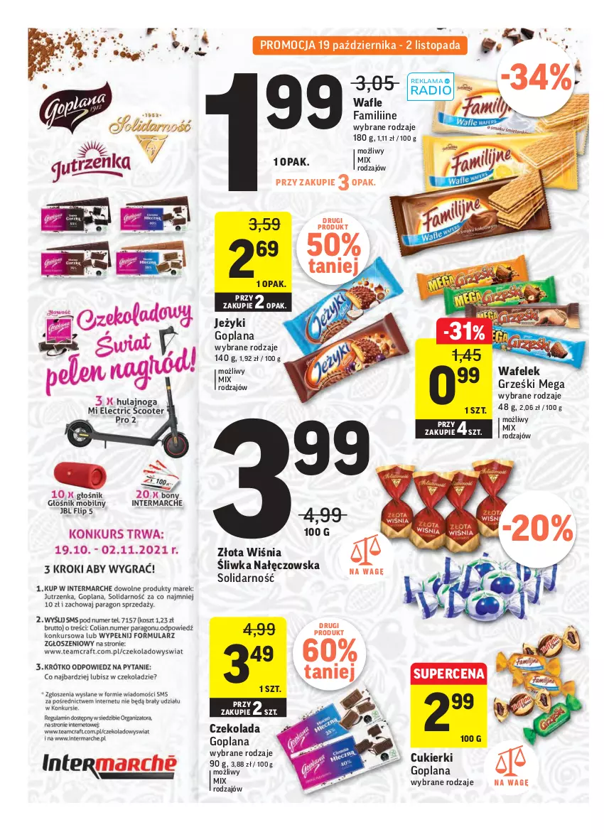 Gazetka promocyjna Intermarche - Gazetka promocyjna - ważna 19.10 do 25.10.2021 - strona 22 - produkty: Cukier, Cukierki, Czekolada, Fa, Goplana, Grześki, Jeżyki, LANA, Top, Wafelek, Wafle