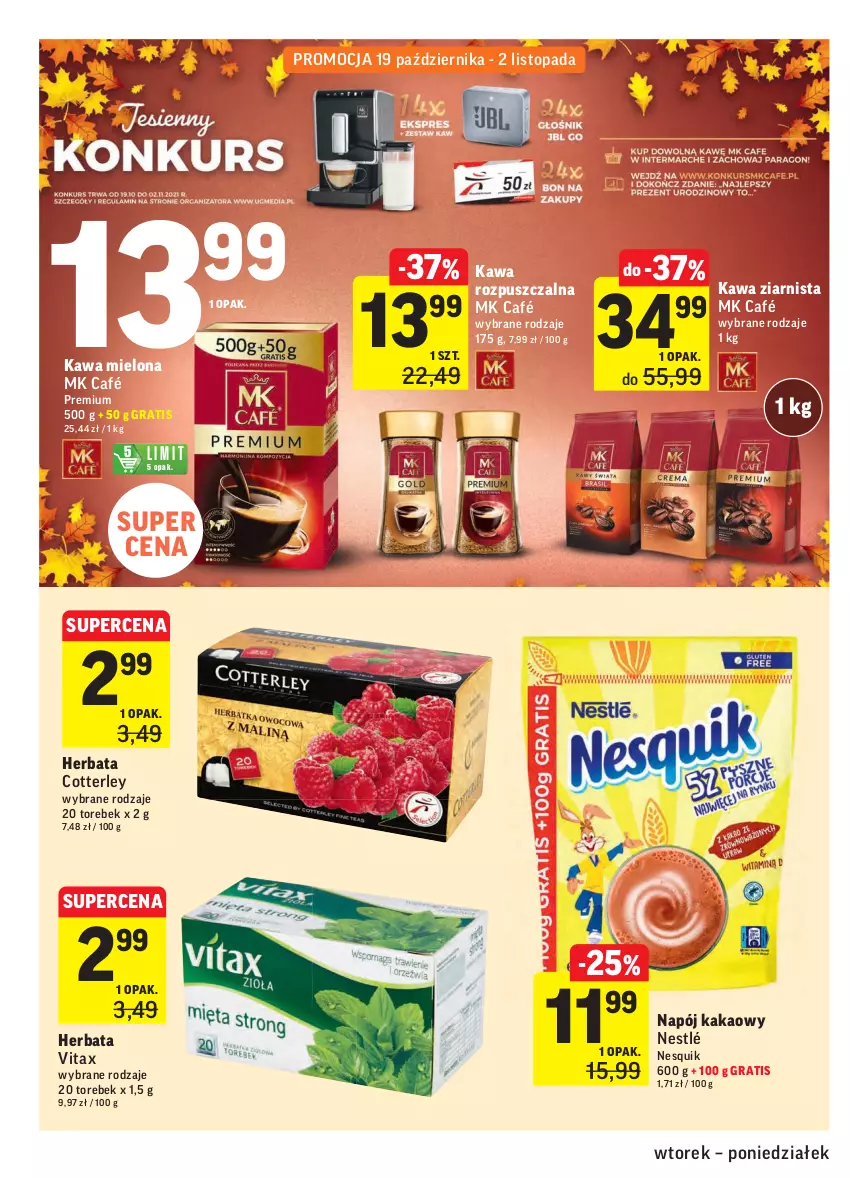 Gazetka promocyjna Intermarche - Gazetka promocyjna - ważna 19.10 do 25.10.2021 - strona 24 - produkty: Gra, Herbata, Kakao, Kawa, Kawa mielona, Kawa rozpuszczalna, Kawa ziarnista, Napój, Nesquik, Nestlé, Top, Vitax