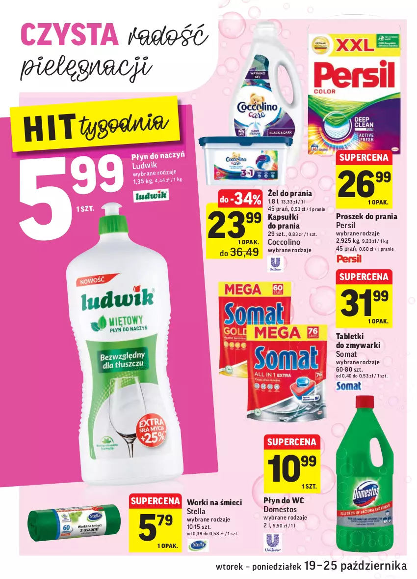 Gazetka promocyjna Intermarche - Gazetka promocyjna - ważna 19.10 do 25.10.2021 - strona 34 - produkty: Coccolino, Domestos, Kapsułki do prania, Ludwik, Persil, Płyn do wc, Proszek do prania, Somat, Tablet, Tabletki do zmywarki, Worki na śmiec, Worki na śmieci, Zmywarki