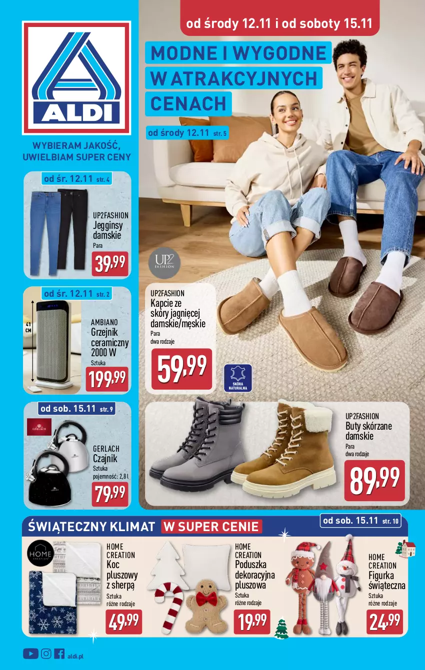 Gazetka promocyjna Aldi - Pełna oferta - ważna 12.11 do 15.11.2025 - strona 1 - produkty: Buty, Czajnik, Fa, Gin, Grzejnik, Kapcie, Koc, Poduszka, Poduszka dekoracyjna
