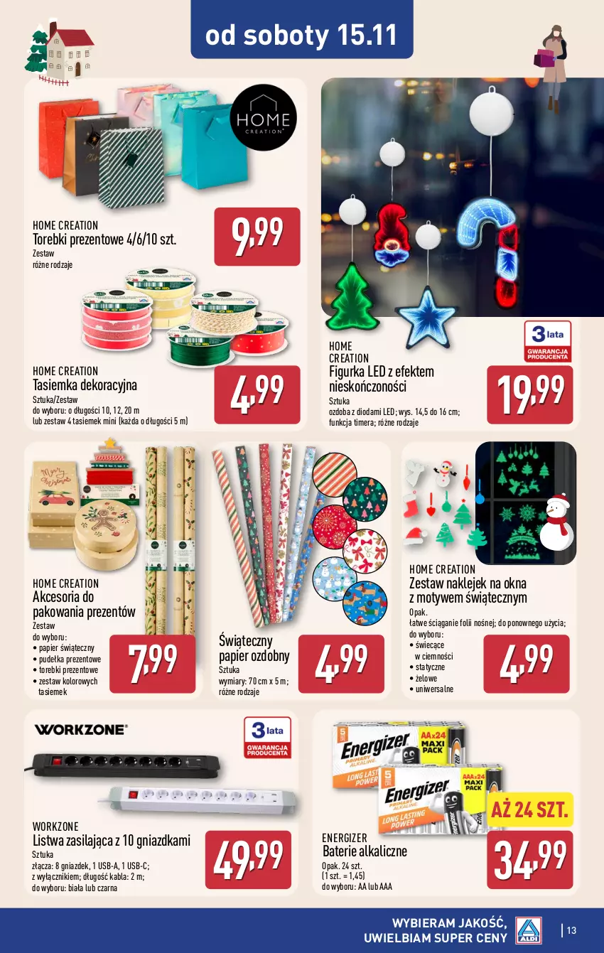 Gazetka promocyjna Aldi - Pełna oferta - ważna 12.11 do 15.11.2025 - strona 13 - produkty: Akcesoria do pakowania, Baterie alkaliczne, Energizer, Klej, Listwa, Ozdoba, Papier, Papier ozdobny