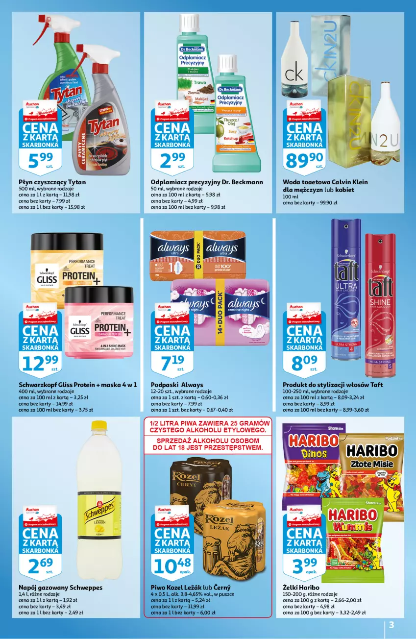 Gazetka promocyjna Auchan - Skarbonka #8 - ważna 26.02 do 03.03.2021 - strona 3 - produkty: Always, Calvin Klein, Gra, Haribo, Kozel, Maska, Napój, Napój gazowany, Odplamiacz, Piwa, Piwo, Podpaski, Schwarzkopf, Schweppes, Taft, Tytan, Woda