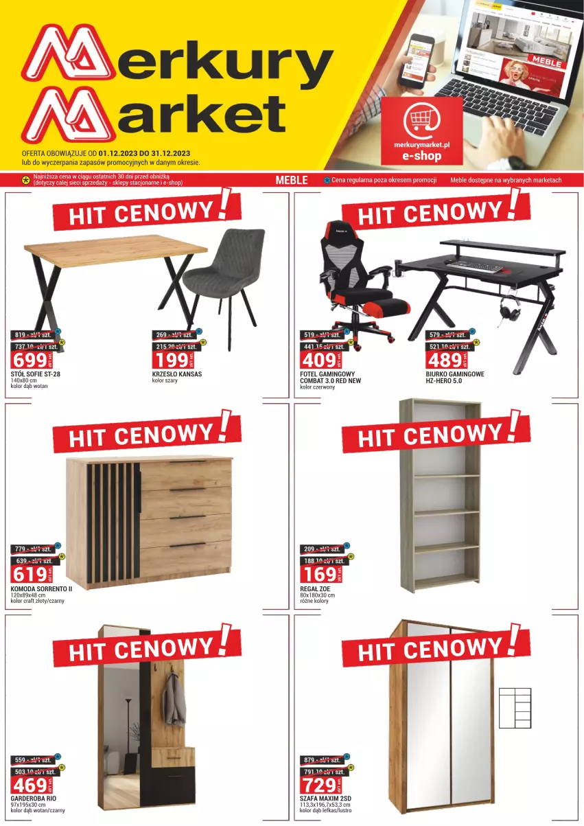 Gazetka promocyjna Merkury Market - ważna 01.12 do 31.12.2023 - strona 1 - produkty: Biurko, Fa, Fotel, Fotel gamingowy, Komoda, Krzesło, Lustro, Moda, Regał, Stół, Szafa