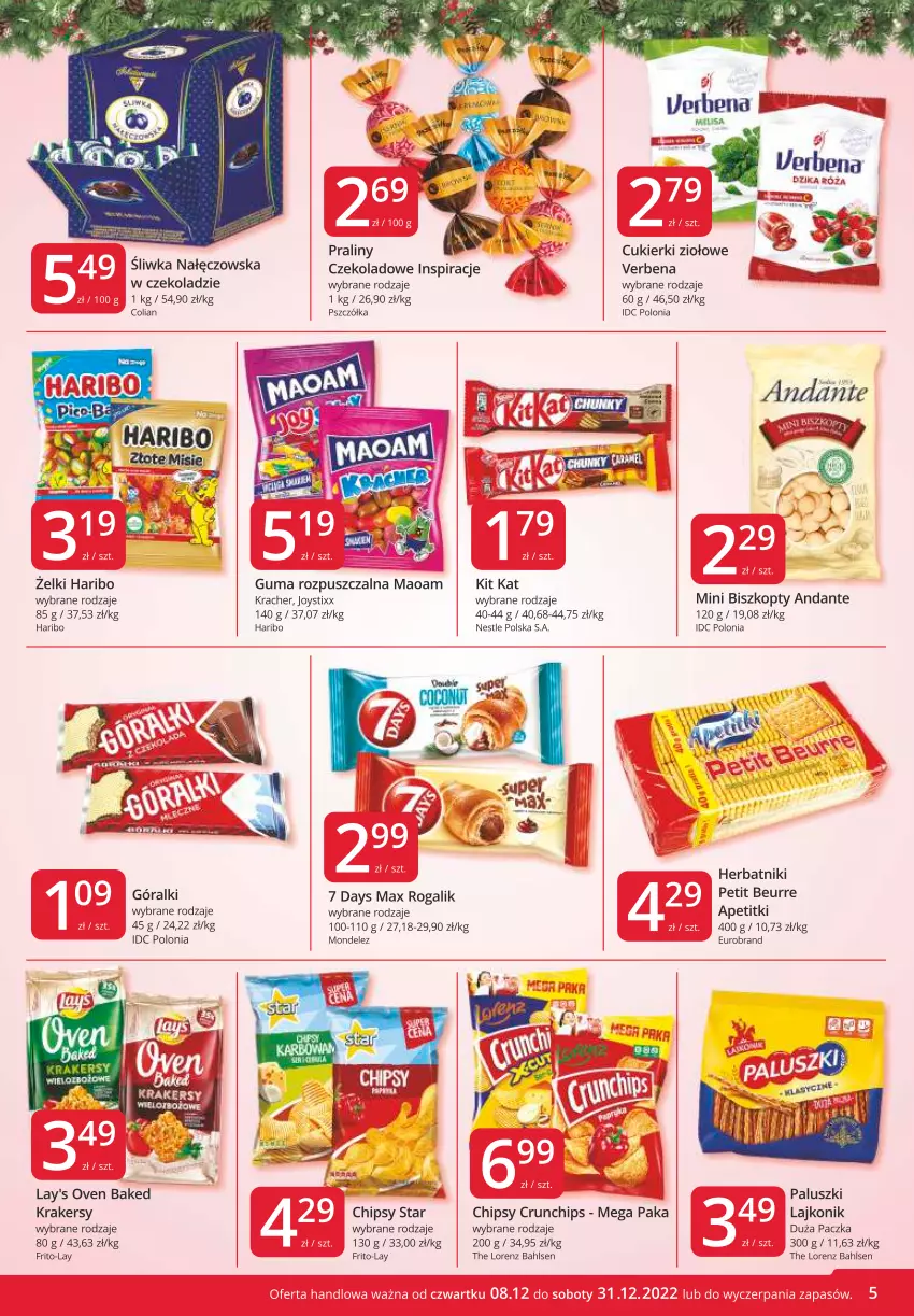 Gazetka promocyjna Market Vita - Gazetka promocyjna – Marketvita - ważna 08.12 do 31.12.2022 - strona 5 - produkty: 7 Days, Biszkopty, Cars, Chipsy, Crunchips, Cukier, Cukierki, Dzika róża, Góralki, Guma rozpuszczalna, Haribo, Herbatniki, Herbatniki Petit Beurre, Kit Kat, Krakersy, Lajkonik, Lorenz, Praliny, Rogal, Róża