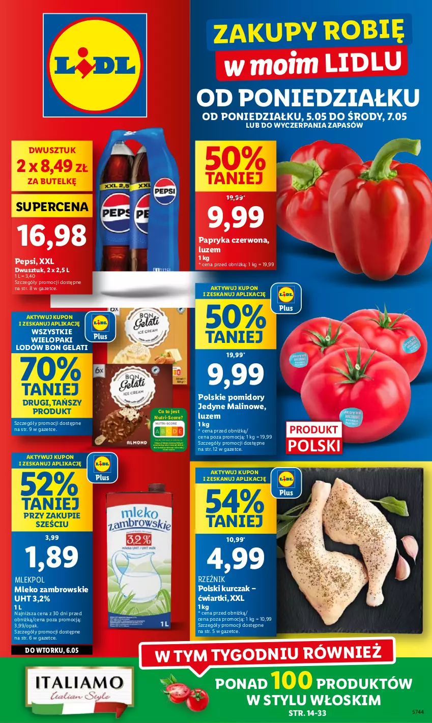 Gazetka promocyjna Lidl - GAZETKA - ważna 05.05 do 07.05.2025 - strona 1 - produkty: Kurczak, Mleko, Papryka, Papryka czerwona, Pepsi, Pomidory, Wazon