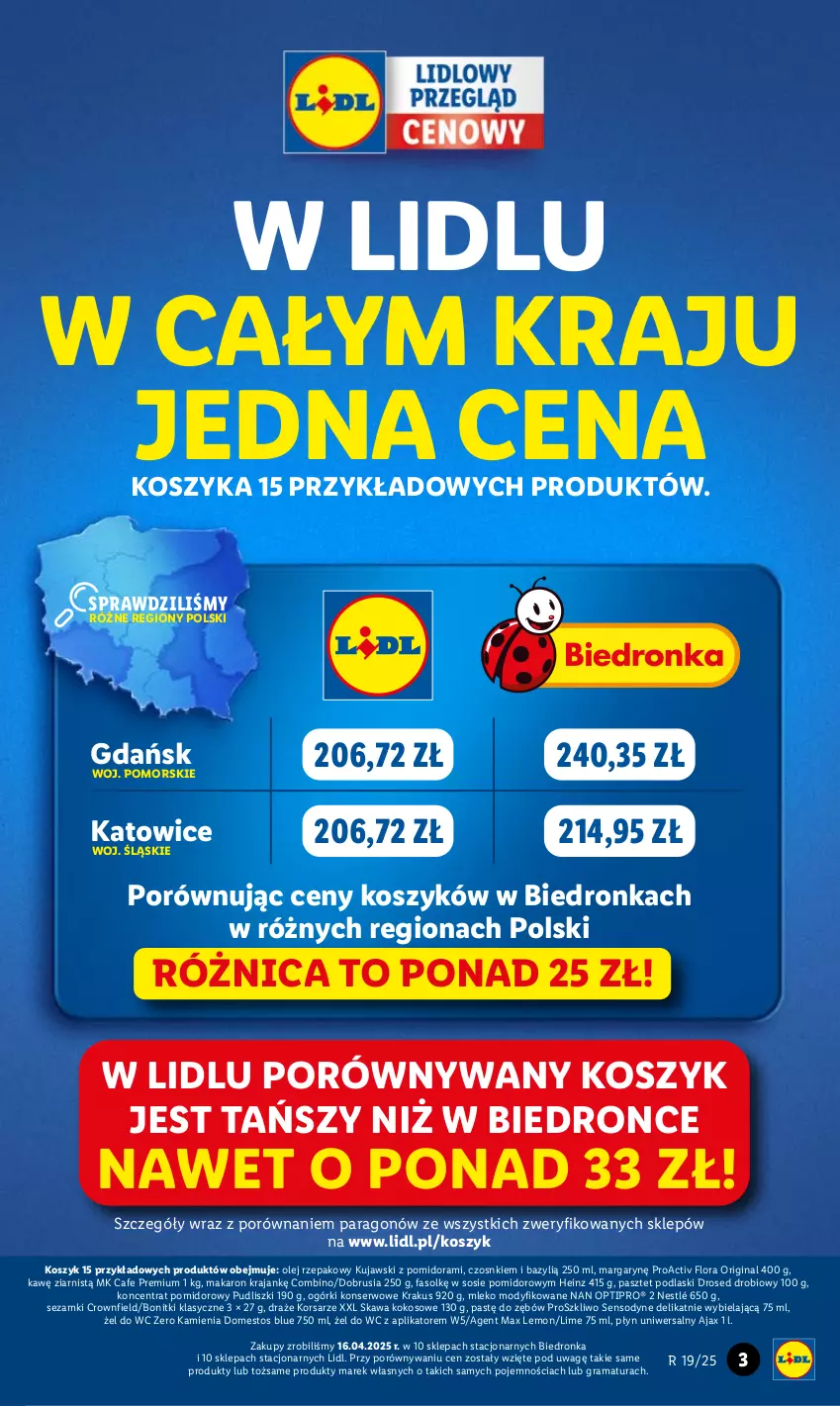 Gazetka promocyjna Lidl - GAZETKA - ważna 05.05 do 07.05.2025 - strona 3 - produkty: Ajax, Bazyl, Bonitki, Domestos, Dron, Fa, Flora, Gin, Gra, Heinz, Kawa, Kokos, Koncentrat pomidorowy, Kosz, Krakus, Kujawski, Makaron, Mleko, Mleko modyfikowane, NAN Optipro, Nestlé, Obrus, Ogórki konserwowe, Olej, Olej rzepakowy, Pasztet, Podlaski, Por, Pudliszki, Rama, Sensodyne, Ser, Sezam, Sos
