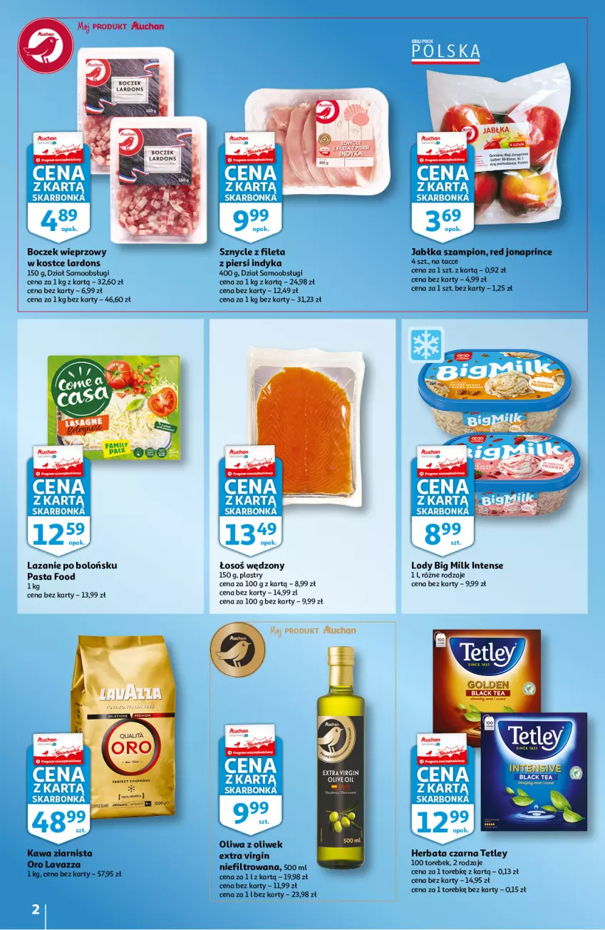 Gazetka promocyjna Auchan - Skarbonka #39 - ważna 30.09 do 06.10.2021 - strona 2 - produkty: Big Milk, Boczek, Boczek wieprzowy, Gin, Herbata, Herbata czarna, Jabłka, Kawa, Kawa ziarnista, Lavazza, Lody, Oliwa z oliwek, Szampion, Tetley