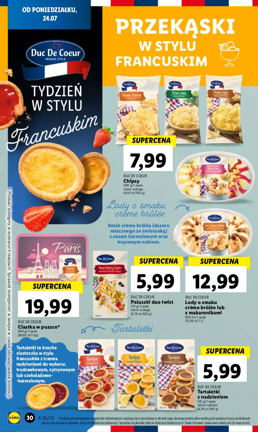 Gazetka promocyjna Lidl - GAZETKA - ważna 24.07 do 29.07.2023 - strona 42 - produkty: Chipsy, Ciastka, Crème brûlée, Deser, Lody, Makaron, Ser, Sos, Tarta