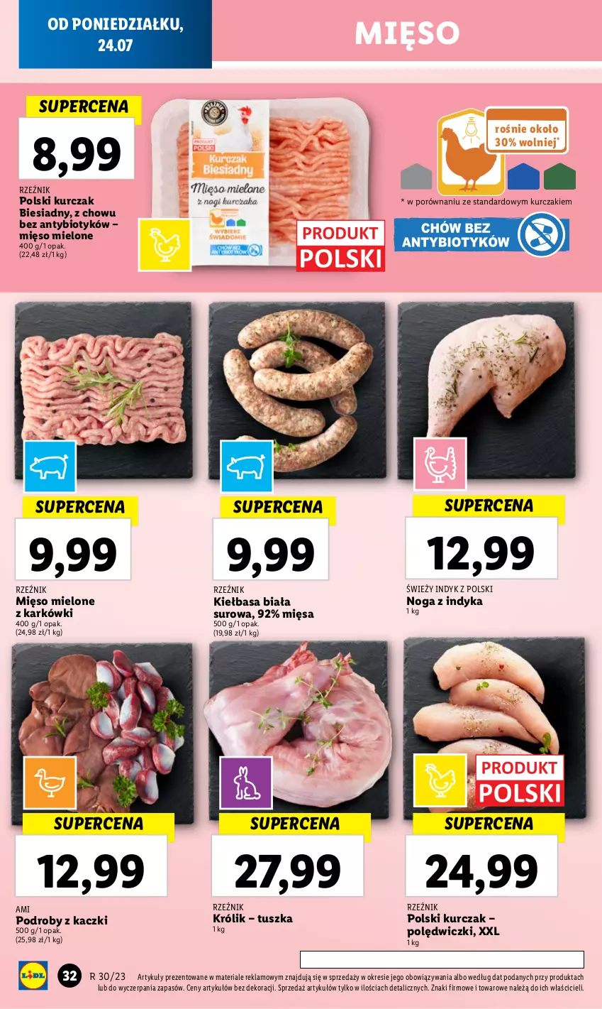 Gazetka promocyjna Lidl - GAZETKA - ważna 24.07 do 29.07.2023 - strona 44 - produkty: Kiełbasa, Kiełbasa biała, Królik, Kurczak, Mięso, Mięso mielone, Podroby z kaczki, Por, Tusz