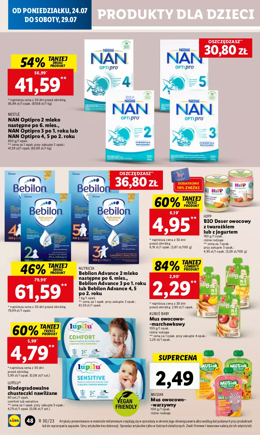 Gazetka promocyjna Lidl - GAZETKA - ważna 24.07 do 29.07.2023 - strona 62 - produkty: BEBILON, Chusteczki, Deser, Deser owocowy, Dzieci, Gra, HiPP, Hipp Bio, Jogurt, Kubuś, Mleko, Mus, NAN Optipro, Nestlé, O nas, Ser