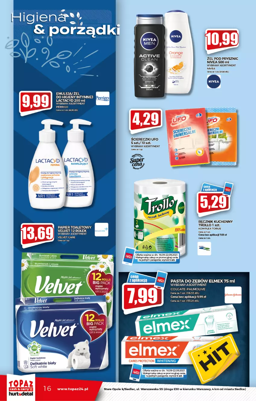 Gazetka promocyjna Topaz - Gazetka - ważna 16.09 do 22.09.2021 - strona 16 - produkty: Colgate, Elmex, Emulsja, Lactacyd, LG, Nivea, Palmolive, Papier, Papier toaletowy, Pasta do zębów, Ręcznik, Ręcznik kuchenny, Velvet