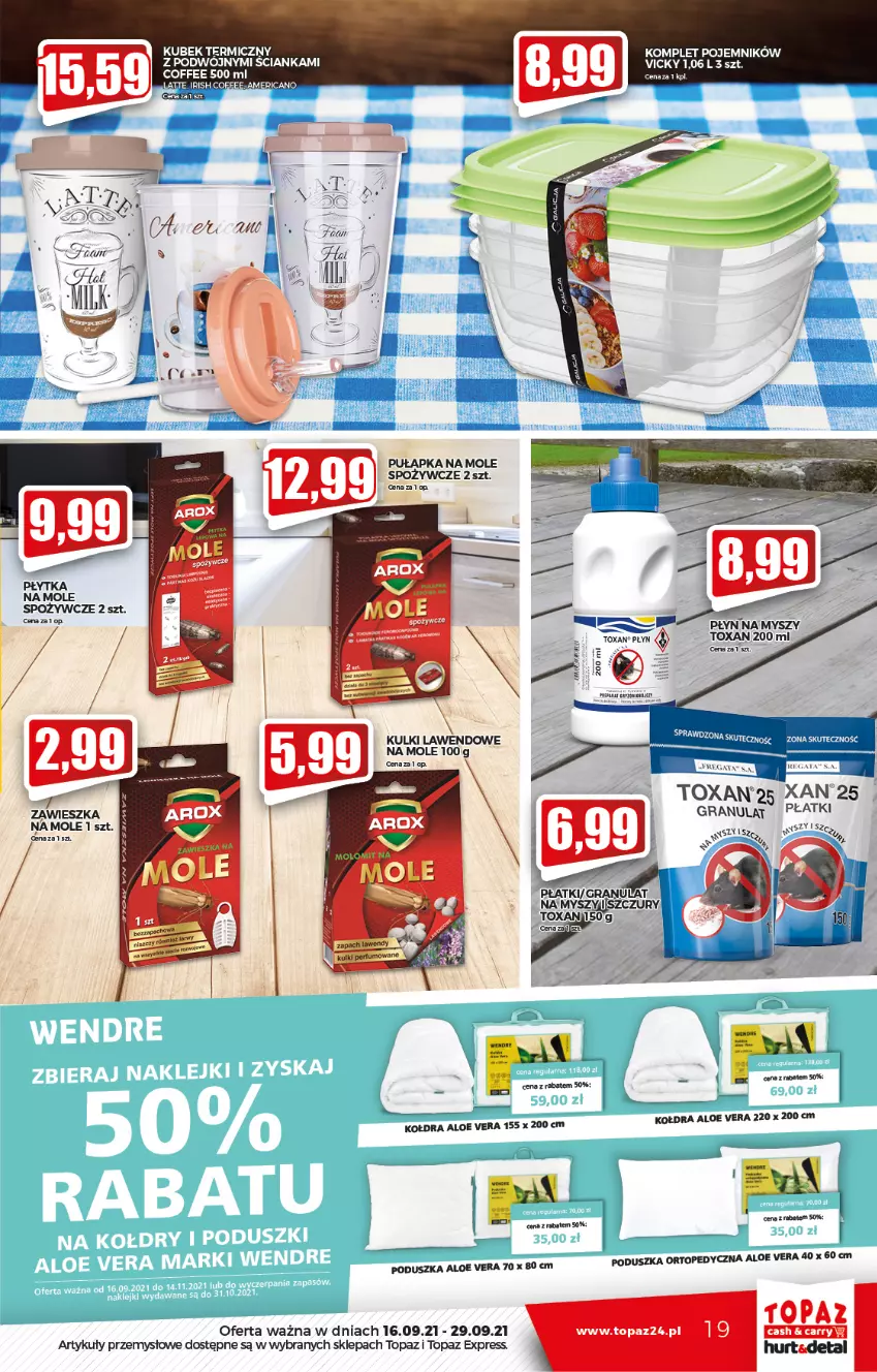 Gazetka promocyjna Topaz - Gazetka - ważna 16.09 do 22.09.2021 - strona 19 - produkty: Aloe vera, Gra, Kołdra, Kubek, Kubek termiczny, Mysz, Płytka, Poduszka, Pojemnik, Top