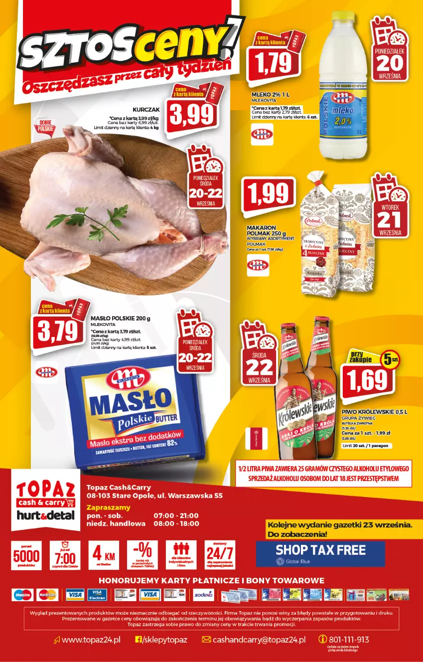 Gazetka promocyjna Topaz - Gazetka - ważna 16.09 do 22.09.2021 - strona 20 - produkty: Królewski, Kurczak, Masło, Mleko, Mlekovita, Olej, Piwo