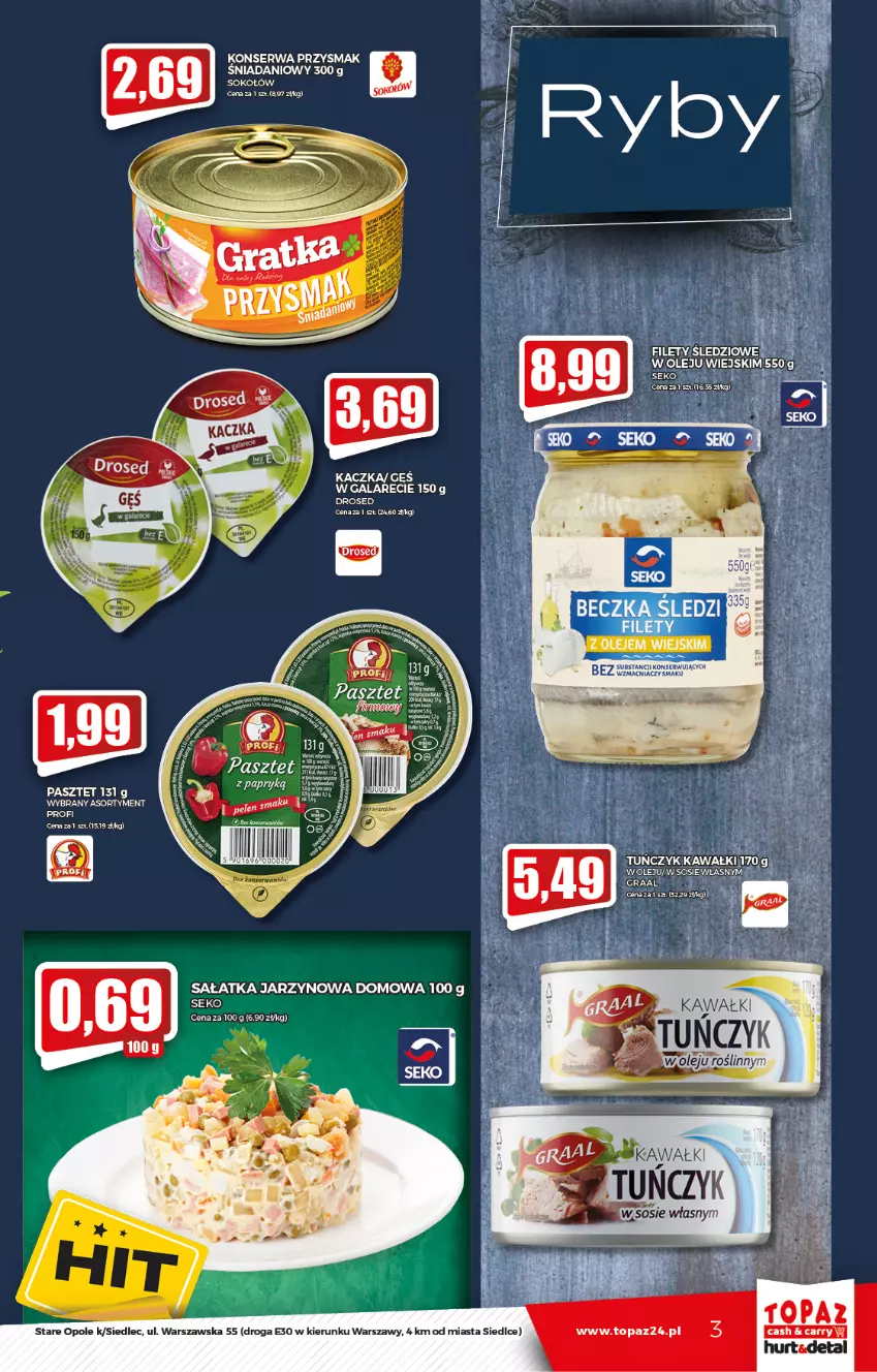 Gazetka promocyjna Topaz - Gazetka - ważna 16.09 do 22.09.2021 - strona 3 - produkty: Danio, Gala, Gra, Graal, Kaczka, Kawa, Pasztet, Sałat, Sałatka, Ser, Sok, Sokołów, Top, Tuńczyk