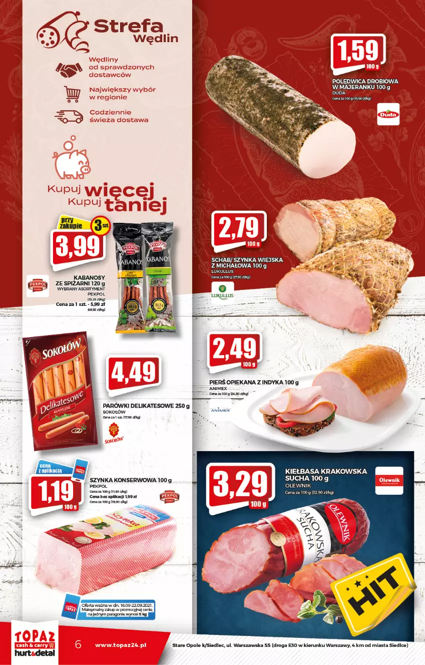 Gazetka promocyjna Topaz - Gazetka - ważna 16.09 do 22.09.2021 - strona 6 - produkty: Fa, Kabanos, Kiełbasa, Kiełbasa krakowska, Parówki, Pekpol, Polędwica, Ser, Sok, Sokołów, Szynka, Szynka konserwowa