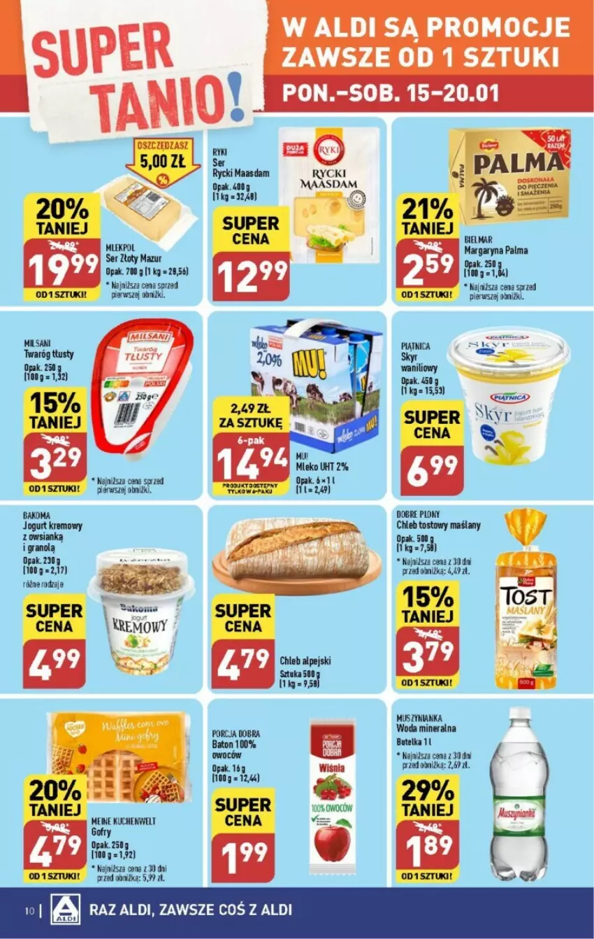 Gazetka promocyjna Aldi - ważna 15.01 do 21.01.2024 - strona 2 - produkty: Bakoma, Baton, Gofry, Gra, Jogurt, Maasdam, Mus, Muszynianka, Palma, Piątnica, Por, Twaróg, Twaróg tłusty, Woda, Woda mineralna