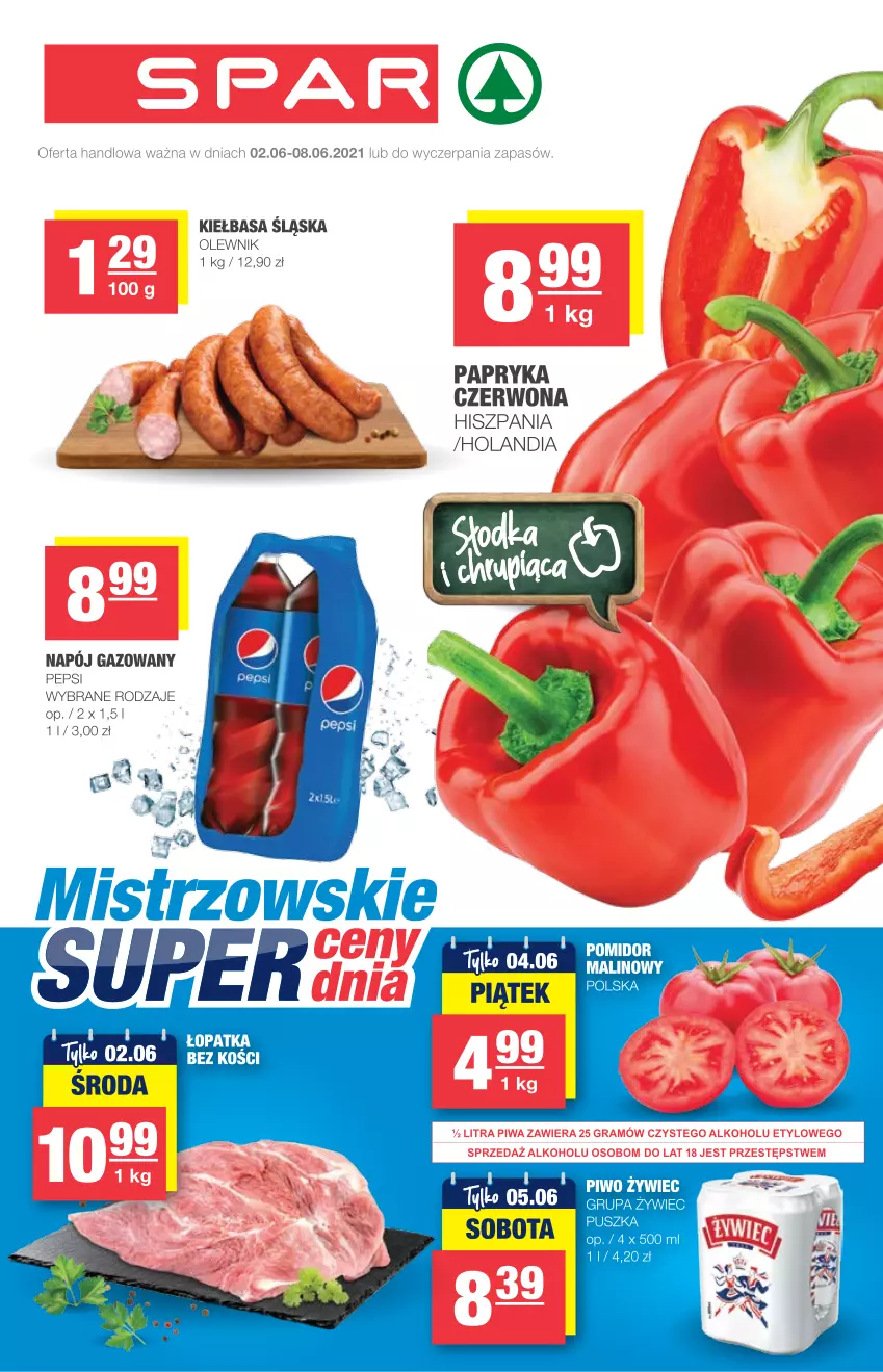 Gazetka promocyjna Spar - EuroSpar - ważna 02.06 do 08.06.2021 - strona 1 - produkty: Kiełbasa, Kiełbasa śląska, Napój, Napój gazowany, Olewnik, Papryka, Papryka czerwona, Pepsi, Piwo