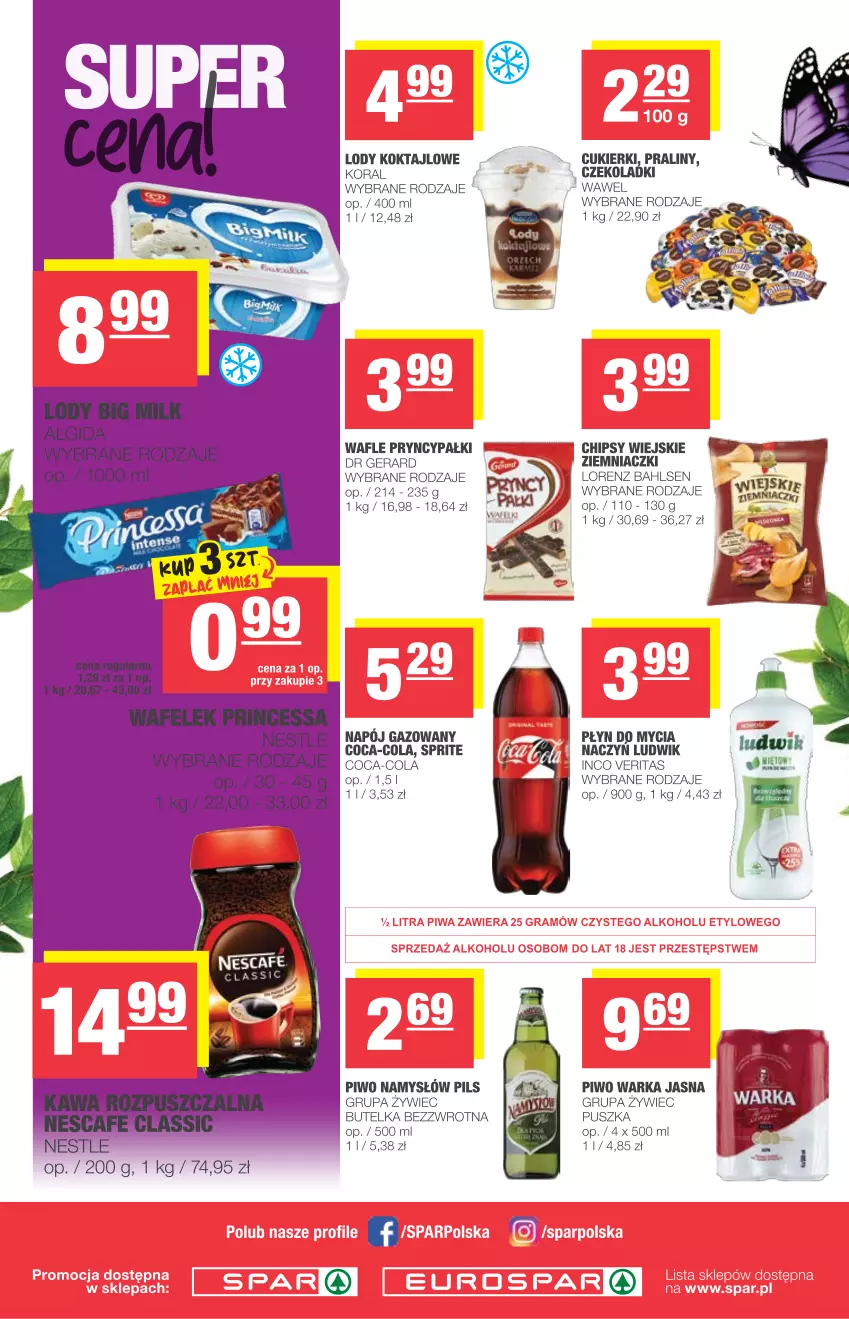 Gazetka promocyjna Spar - Eurospar - ważna 12.05 do 18.05.2021 - strona 4 - produkty: Chipsy, Coca-Cola, Cukier, Cukierki, Dr Gerard, Lody, Lorenz, Ludwik, Namysłów, Napój, Napój gazowany, Piwo, Płyn do mycia, Praliny, Sprite, Wafle, Warka, Wawel