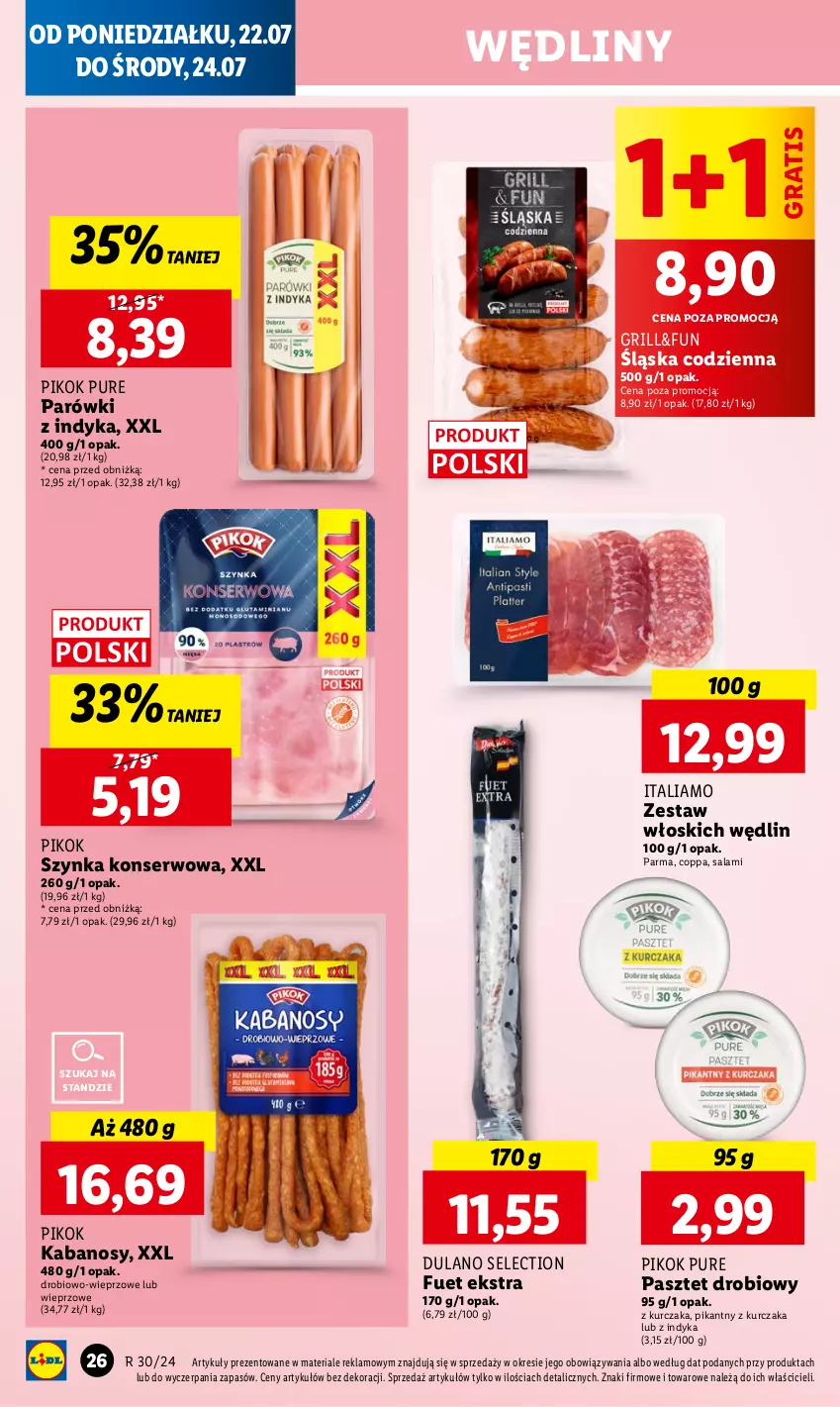 Gazetka promocyjna Lidl - GAZETKA - ważna 22.07 do 24.07.2024 - strona 28 - produkty: Dulano, Gra, Grill, Kabanos, Kurczak, Parówki, Parówki z indyka, Pasztet, PIKOK, Pur, Salami, Ser, Szynka, Szynka konserwowa