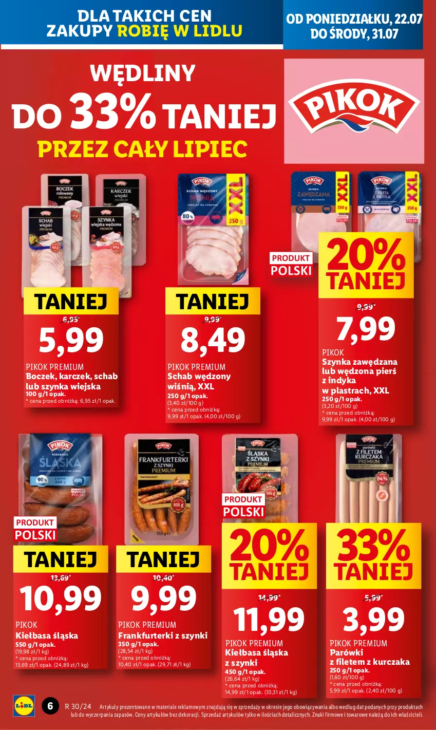 Gazetka promocyjna Lidl - GAZETKA - ważna 22.07 do 24.07.2024 - strona 29 - produkty: Boczek, Frankfurterki, Kiełbasa, Kiełbasa śląska, Kurczak, Parówki, Piec, PIKOK, Szynka