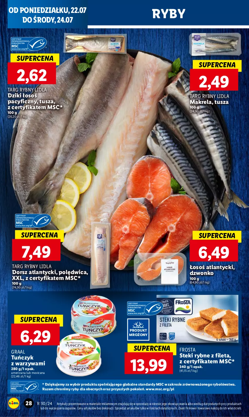 Gazetka promocyjna Lidl - GAZETKA - ważna 22.07 do 24.07.2024 - strona 32 - produkty: Dorsz, Frosta, Gra, Graal, Polędwica, Stek, Tuńczyk, Tusz, Warzywa