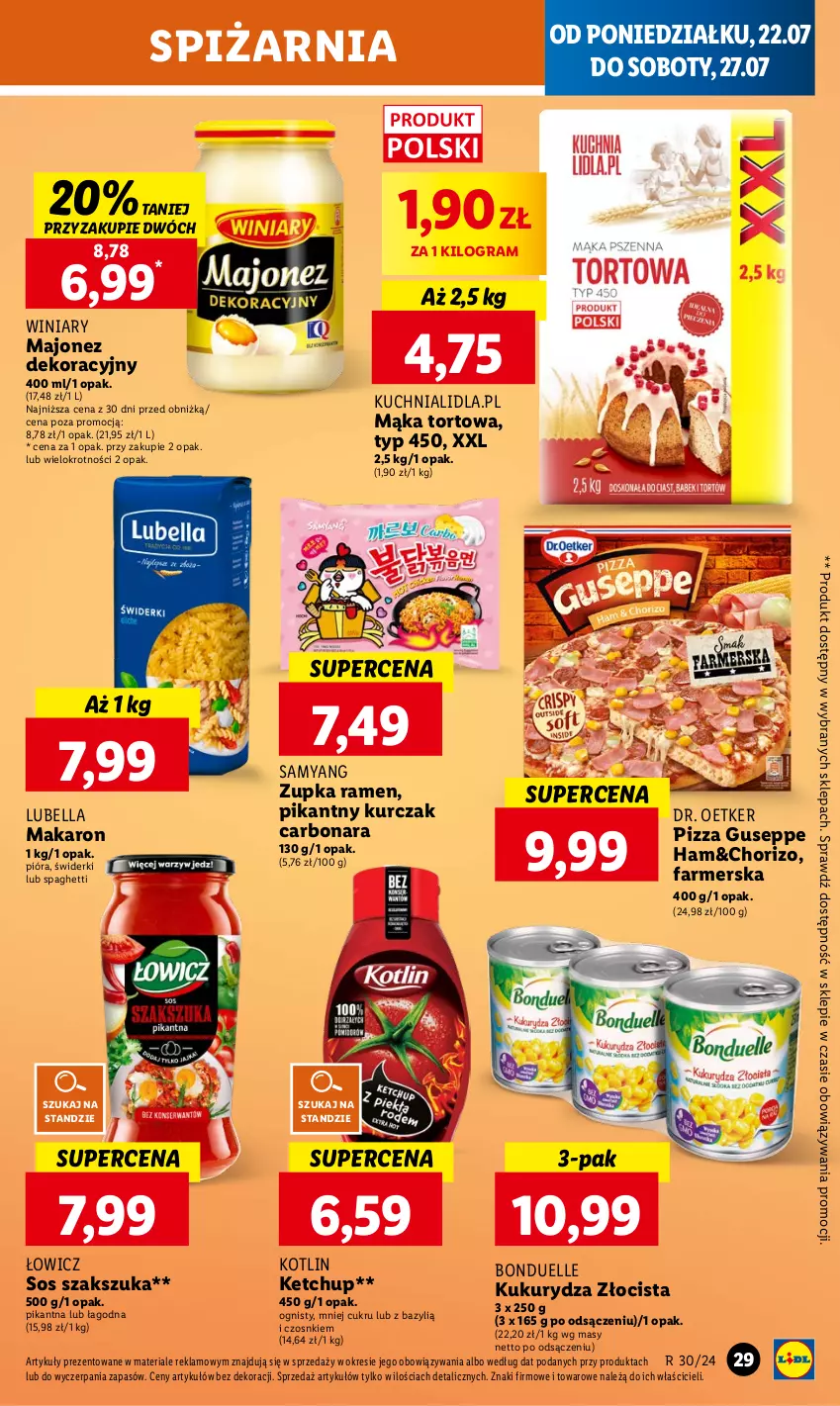 Gazetka promocyjna Lidl - GAZETKA - ważna 22.07 do 24.07.2024 - strona 33 - produkty: Bazyl, Bell, Bella, Bonduelle, Dr. Oetker, Fa, Gra, Ketchup, Kotlin, Kuchnia, Kukurydza, Kurczak, Lubella, Majonez, Mąka, Mąka tortowa, Makaron, Pizza, Sos, Spaghetti, Winiary