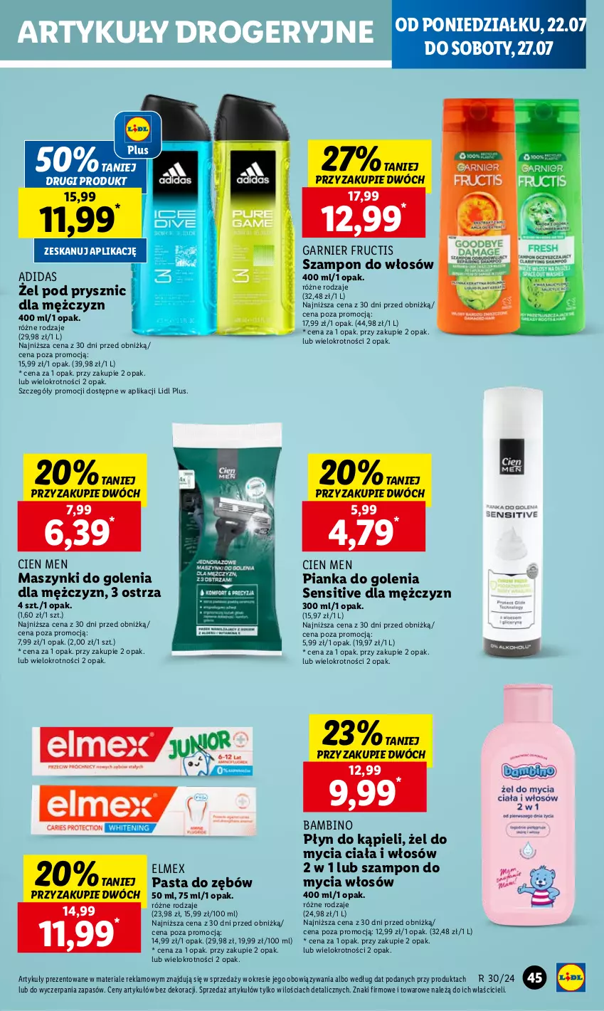 Gazetka promocyjna Lidl - GAZETKA - ważna 22.07 do 24.07.2024 - strona 51 - produkty: Adidas, Elmex, Fructis, Garnier, Pasta do zębów, Pianka do golenia, Płyn do kąpieli, Szampon