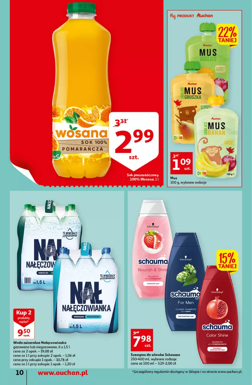 Gazetka promocyjna Auchan - przeNISKIE CENY przeRADOŚĆ dla dzieci Supermarkety - ważna 26.05 do 01.06.2022 - strona 10 - produkty: LG, Mus, Nałęczowianka, Olej, Schauma, Sok, Sok pomarańczowy, Szampon, Woda, Woda mineralna