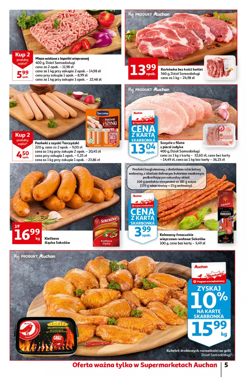 Gazetka promocyjna Auchan - przeNISKIE CENY przeRADOŚĆ dla dzieci Supermarkety - ważna 26.05 do 01.06.2022 - strona 5 - produkty: Grill, Kabanos, Kiełbasa, Kiełbasa śląska, Kotlet, Mięso, Mięso mielone, Mięso mielone z łopatki wieprzowej, Parówki, Parówki z szynki, Sok, Sokołów, Tarczyński