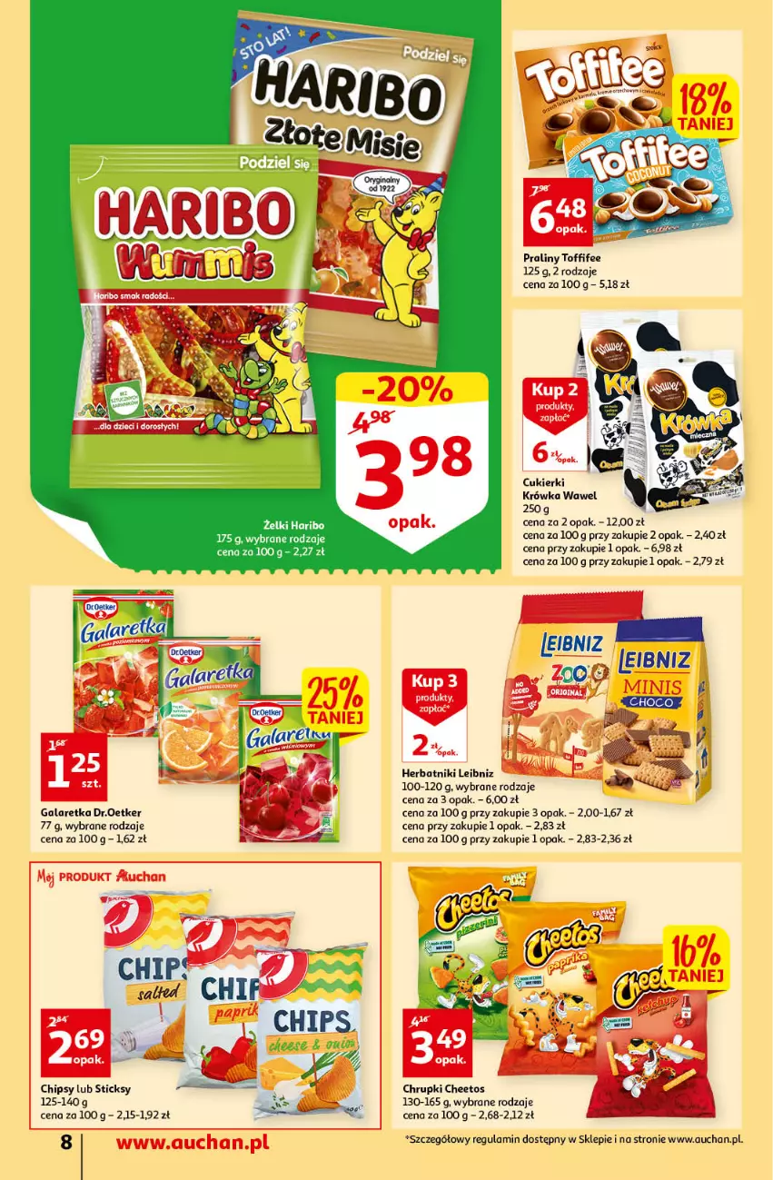 Gazetka promocyjna Auchan - przeNISKIE CENY przeRADOŚĆ dla dzieci Supermarkety - ważna 26.05 do 01.06.2022 - strona 8 - produkty: Cheetos, Chipsy, Chrupki, Cukier, Cukierki, Gala, Galaretka, Haribo, Herbatniki, Praliny, Toffifee, Wawel