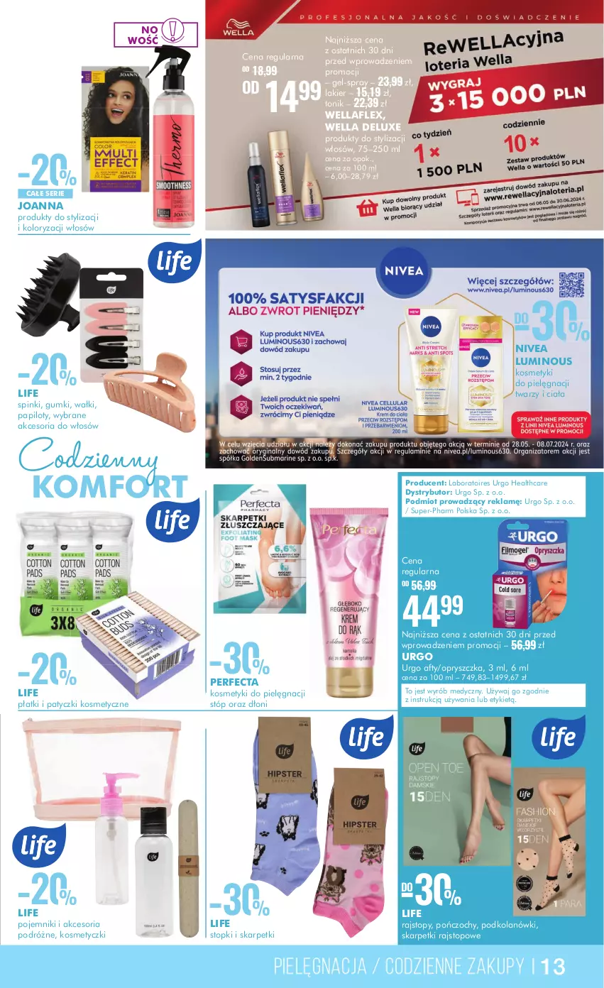 Gazetka promocyjna Super Pharm - Gazetka - ważna 29.05 do 12.06.2024 - strona 13 - produkty: Joanna, Karp, Kosmetyki do pielęgnacji, Lakier, Nivea, Patyczki kosmetyczne, Perfecta, Pojemnik, Pończochy, Rajstopy, Ser, Skarpetki, Tonik, Top, Urgo, Wella, Wellaflex