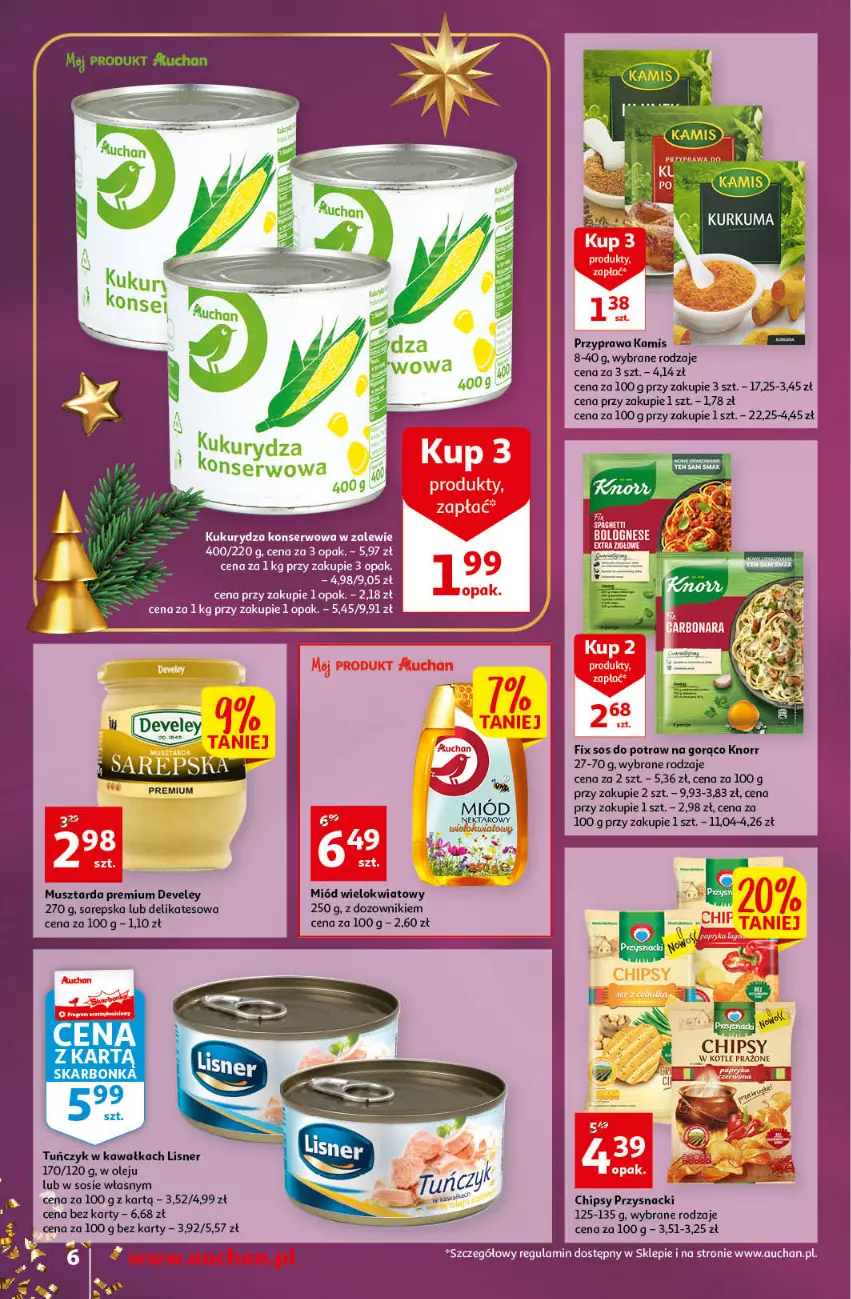 Gazetka promocyjna Auchan - Gazetka Magia Oszczędzania Auchan Supermarket - ważna 24.11 do 30.11.2022 - strona 6 - produkty: Chipsy, Dozownik, Kamis, Kawa, Knorr, Kukurydza, Kukurydza konserwowa, Lisner, Miód, Mus, Musztarda, Olej, Przysnacki, Ser, Sos, Tuńczyk