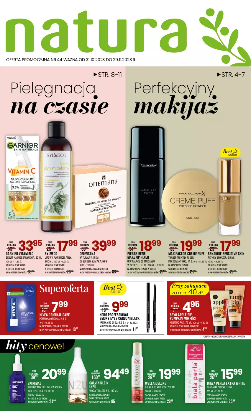 Gazetka promocyjna Drogerie Natura - Gazetka Drogerie Natura - ważna 31.10 do 29.11.2023 - strona 1 - produkty: Bronzer, Calvin Klein, Fa, Garnier, Gin, KOBO, Kredka, Krem do rąk, Lack, Makijaż, Max Factor, Nivea, Pasta do zębów, Peeling, Perła, Pianka do włosów, Pierre René, Płyn micelarny, Puder, Puf, Rum, Ser, Serum, Tran, Wella, Woda, Woda toaletowa