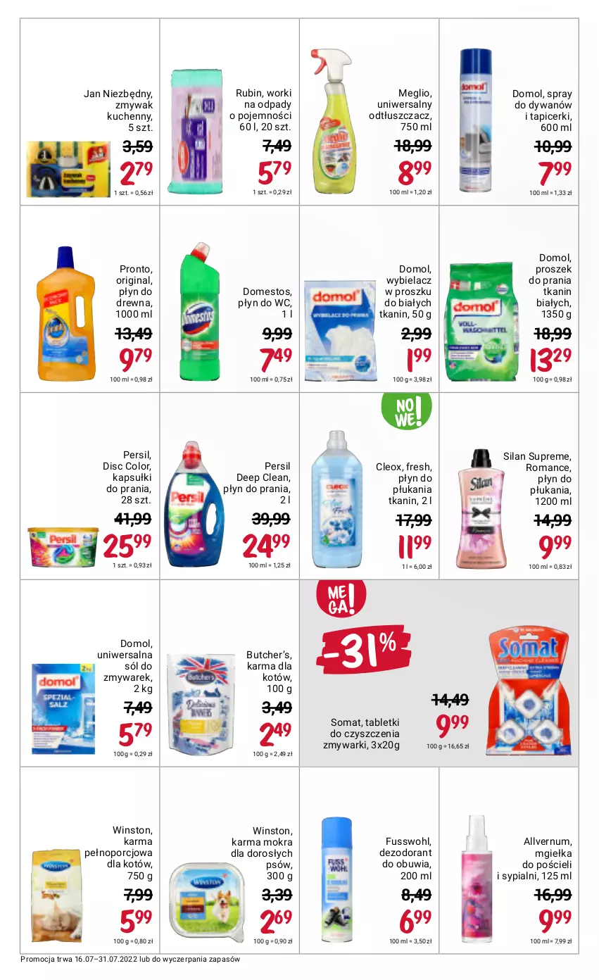 Gazetka promocyjna Rossmann - ważna 16.07 do 31.07.2022 - strona 8 - produkty: Dezodorant, Domestos, Domol, Dywan, Gin, Jan Niezbędny, Kapsułki do prania, Odtłuszczacz, Persil, Płyn do płukania, Płyn do prania, Płyn do wc, Por, Pościel, Pronto, Proszek do prania, Rubin, Silan, Sól, Somat, Tablet, Winston, Zmywarki