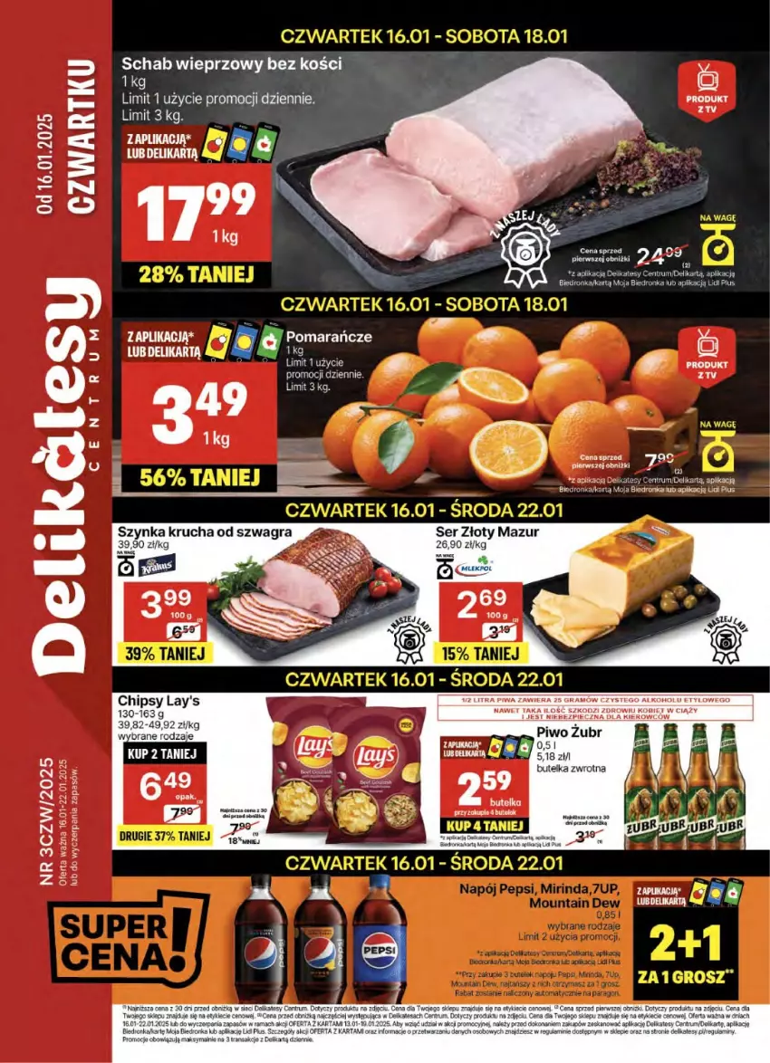 Gazetka promocyjna Delikatesy Centrum - NOWA GAZETKA Delikatesy Centrum od 16 stycznia! 16-22.01.2025 - ważna 16.01 do 22.01.2025 - strona 1 - produkty: Chipsy, Dron, Gra, Orka, Piec, Piwa, Piwo, Pomarańcze, Rum, Schab wieprzowy, Ser, Szynka, Tran, Złoty Mazur