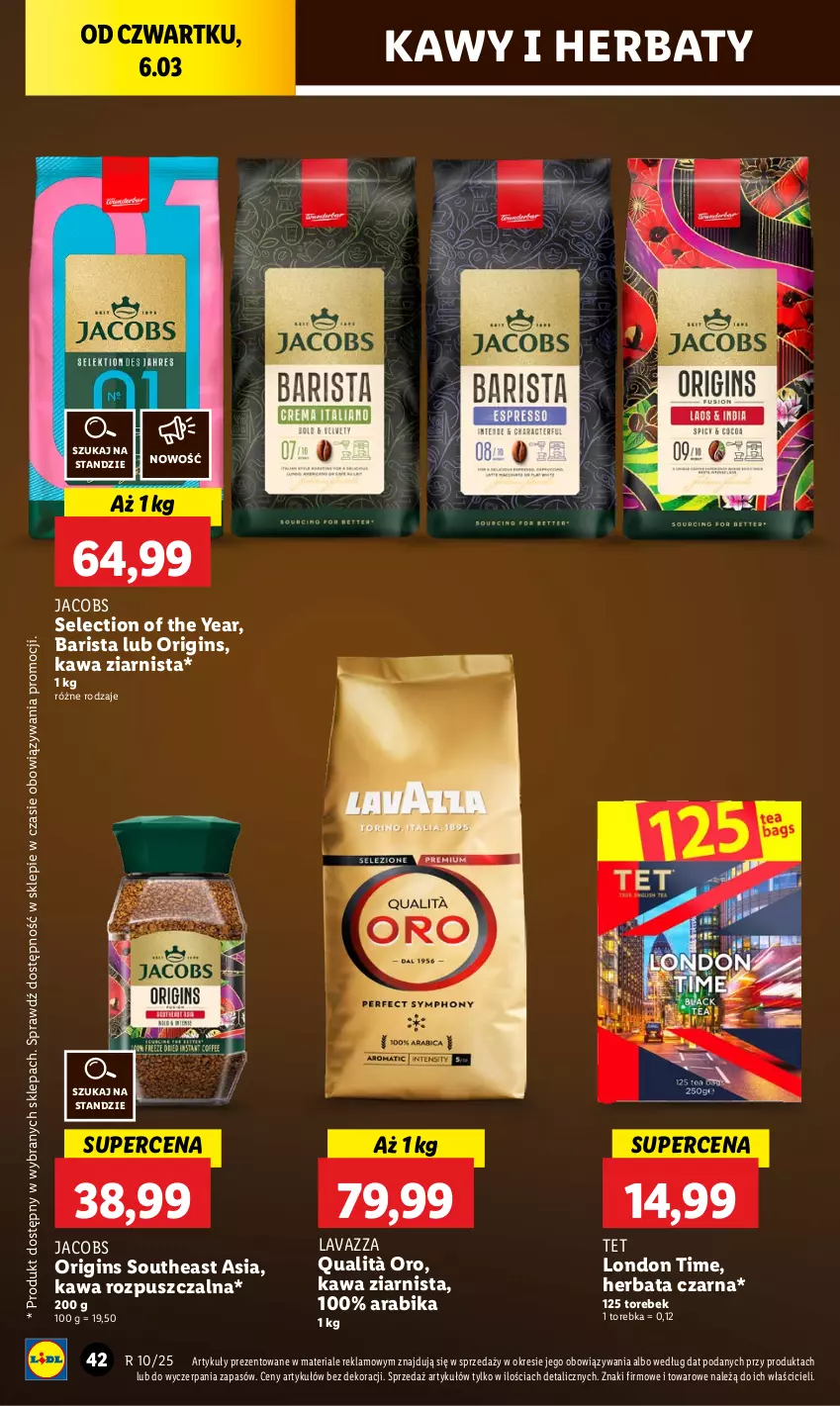 Gazetka promocyjna Lidl - GAZETKA - ważna 06.03 do 08.03.2025 - strona 48 - produkty: Gin, Herbata, Herbata czarna, Jacobs, Kawa, Kawa rozpuszczalna, Kawa ziarnista, Lavazza, Torebka