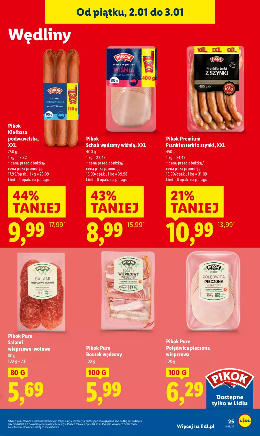 Gazetka promocyjna Lidl - GAZETKA - ważna 02.01 do 03.01.2026 - strona 27 - produkty: Boczek, Frankfurterki, Kiełbasa, Kiełbasa podwawelska, Piec, PIKOK, Polędwica, Pur, Salami, Wawel
