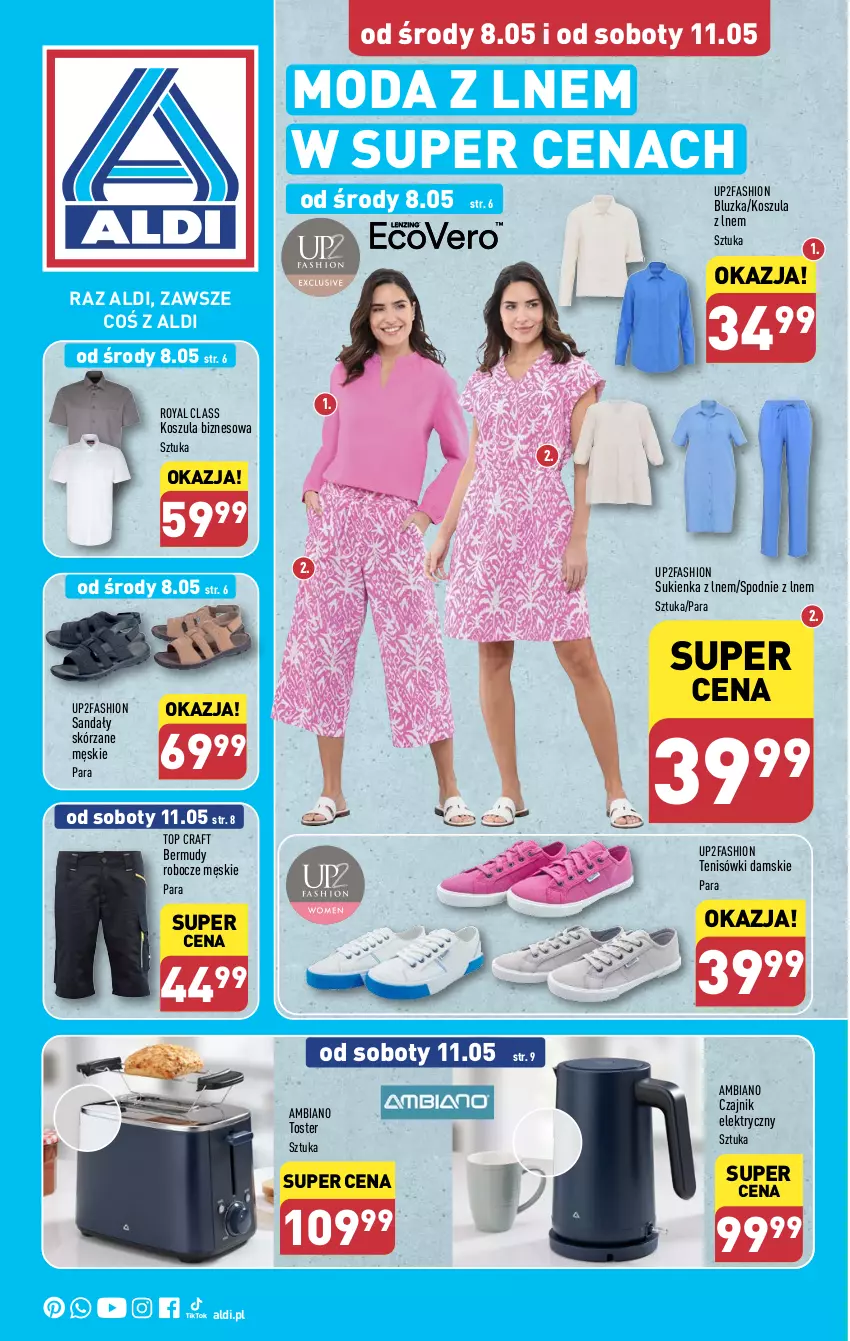 Gazetka promocyjna Aldi - Artykuły przemysłowe i tekstylia - ważna 08.05 do 11.05.2024 - strona 1 - produkty: Bermudy, Czajnik, Czajnik elektryczny, Fa, Kosz, Koszula, Moda, Sandał, Spodnie, Sukienka, Tenisówki, Top, Toster