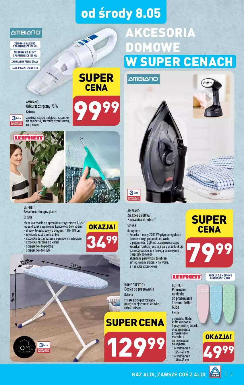 Gazetka promocyjna Aldi - Artykuły przemysłowe i tekstylia - ważna 08.05 do 11.05.2024 - strona 3 - produkty: Deska do prasowania, Odkurzacz, Parownica, Podkład, Pojemnik, Pokrowiec, Pokrowiec na deskę, Szczotka, Teleskop, Top