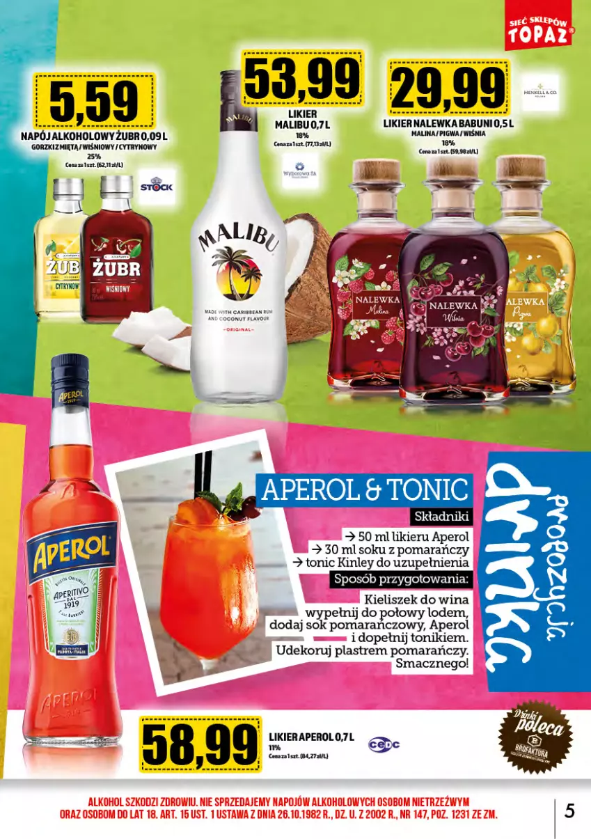 Gazetka promocyjna Topaz - Gazetka - ważna 01.04 do 30.04.2024 - strona 5 - produkty: Aperol, Babuni, Kieliszek, Likier, Malibu, Napój, Sok, Sok pomarańczowy, Tonik