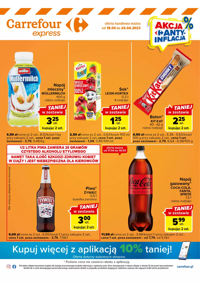 Gazetka promocyjna Carrefour - Gazetka Express - ważna 18.04 do 24.04.2023 - strona 1 - produkty: Baton, Hortex, Kit Kat, Kokos, Kosz, Leon, Napój, Piwo, Sprite